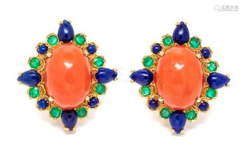 A Pair of 18 Karat Yellow Gold, Coral, Lapis Lazuli and