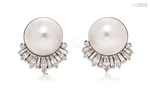 A Pair of Platinum, Cultured Mabe Pearl and Diamond