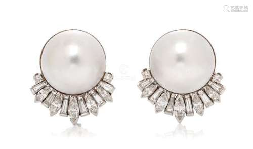 A Pair of Platinum, Cultured Mabe Pearl and Diamond