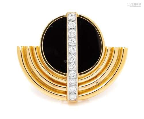 An 18 Karat Yellow Gold, Diamond and Onyx Brooch, Susan