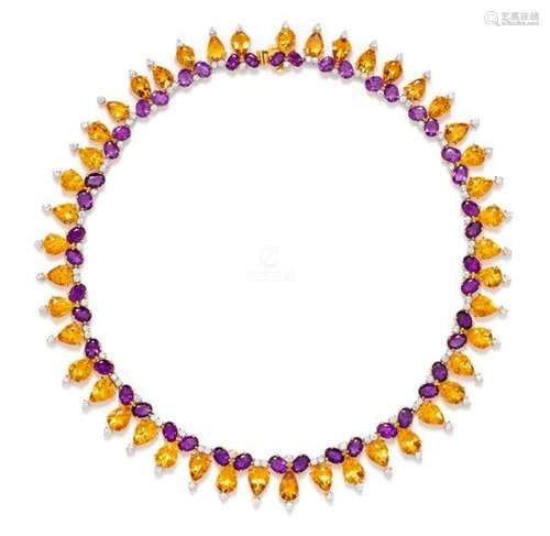 An 18 Karat Yellow Gold, Citrine, Amethyst, and Diamond