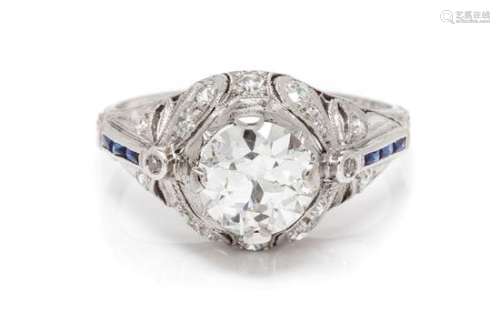 An Antique Platinum, Diamond and Sapphire Ring, 3.00