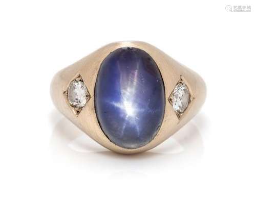 A 14 Karat White Gold, Star Sapphire and Diamond Ring,