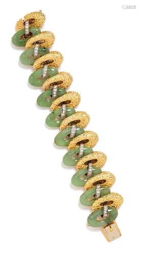 * An 18 Karat Bicolor Gold, Jade and Diamond Bracelet,