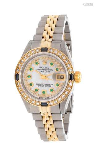 A Stainless Steel, Yellow Gold, Diamond, Emerald and