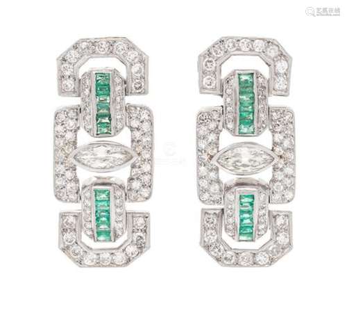 * A Pair of Platinum, Emerald and Diamond Earclips,