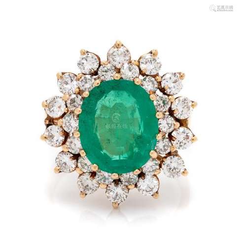 A 14 Karat Yellow Gold, Emerald and Diamond Ring, 6.00