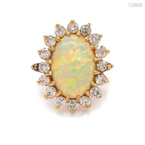 A Yellow Gold, Opal and Diamond Ring, 5.60 dwts.