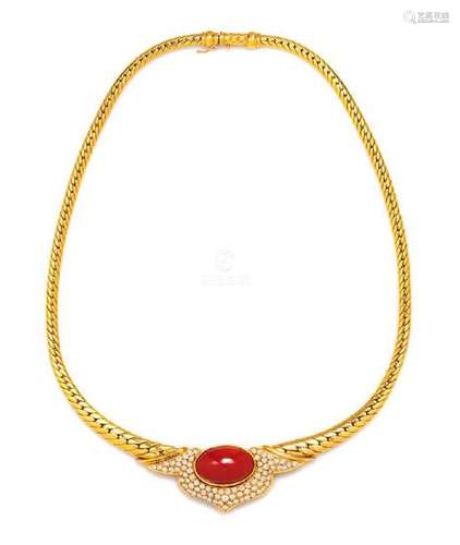 An 18 Karat Yellow Gold, Coral and Diamond Necklace,