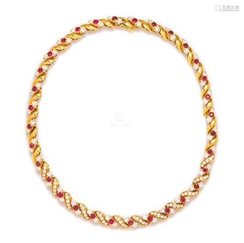 An 18 Karat Yellow Gold, Ruby and Diamond Necklace,