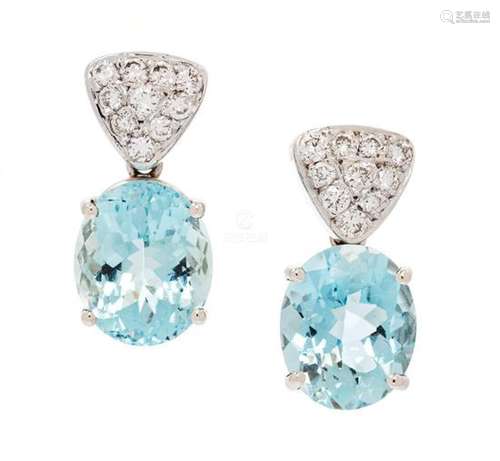 A Pair of 14 Karat White Gold, Diamond and Aquamarine