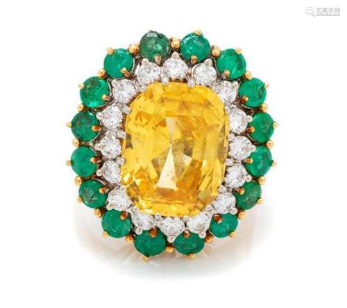 A Bicolor Gold, Yellow Sapphire, Diamond and Emerald