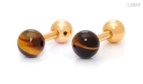 A Pair of 14 Karat Yellow Gold and Tiger's Eye Barbell