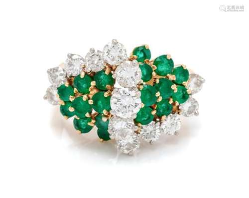 A Yellow Gold, Platinum, Diamond and Emerald Ring,