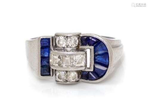 A Machine Age Platinum, Diamond and Sapphire Ring, J.&