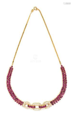 A 14 Karat Yellow Gold, Ruby, and Diamond Demi-Parure,