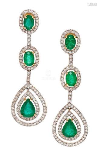 A Pair of Bicolor Gold, Emerald and Diamond Earrings,