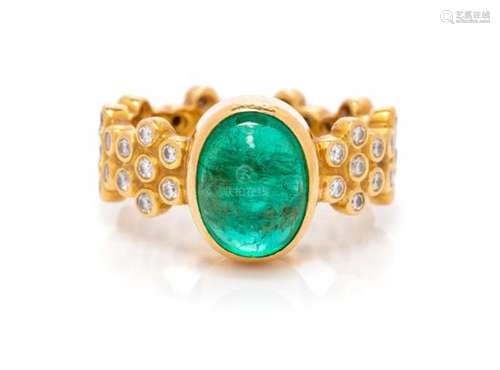 A 22 Karat Yellow Gold, Emerald and Diamond Ring,