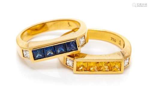 A Pair of 18 Karat Yellow Gold, Sapphire and Diamond