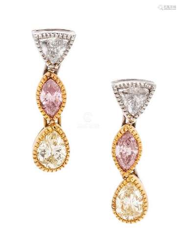 A Pair of Bicolor Gold, Platinum, Diamond and Colored