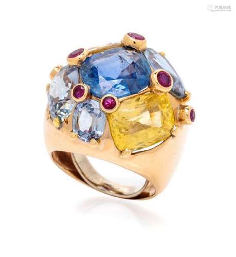 A Vintage Yellow Gold, Sapphire and Ruby Bombe Ring,