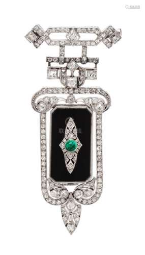 An Art Deco Platinum, Diamond, Onyx and Emerald Lapel