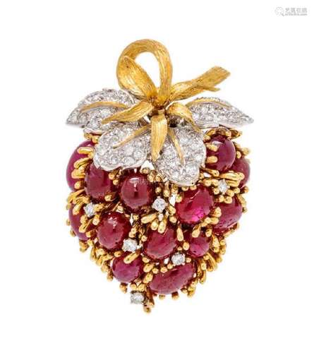 A Bicolor Gold, Ruby and Diamond Strawberry Brooch,