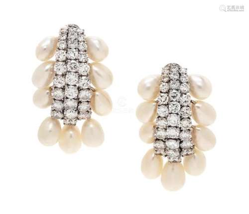 A Pair of Platinum, Diamond and Cultured Baroque Pearl