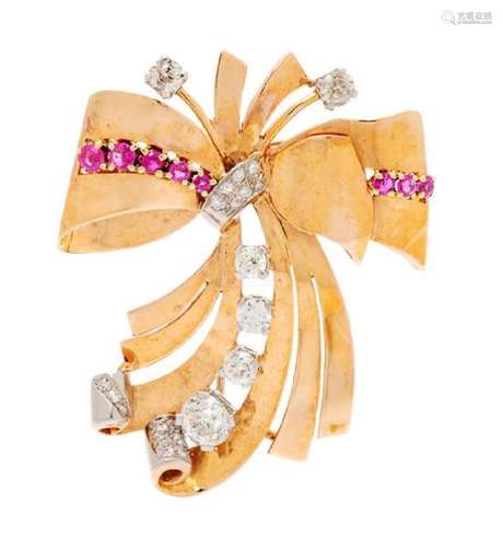 A Retro Rose Gold, Platinum, Diamond and Ruby Bow Motif