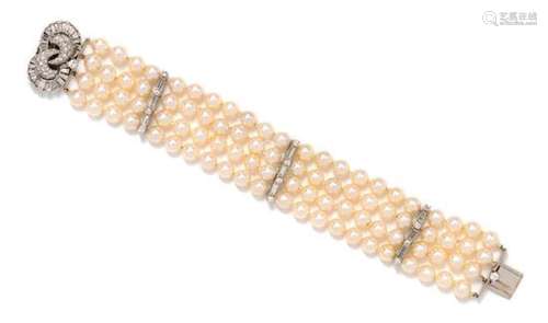 A Platinum, White Gold, Diamond and Cultured Pearl