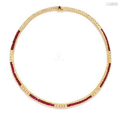 A Yellow Gold, Diamond and Ruby Necklace, 35.50 dwts.