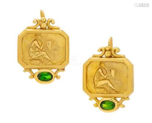 A Pair of 18 Karat Yellow Gold and Green Tourmaline