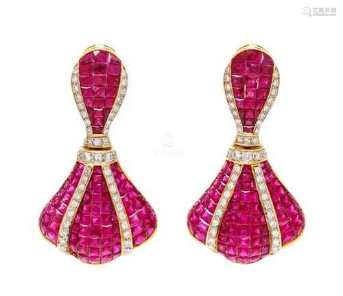 * A Pair of 18 Karat Yellow Gold, Ruby and Diamond