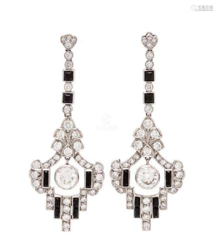 A Pair of Platinum, Diamond and Onyx Pendant Earrings,
