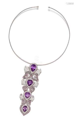 An 18 Karat White Gold, Amethyst, Pink Sapphire and