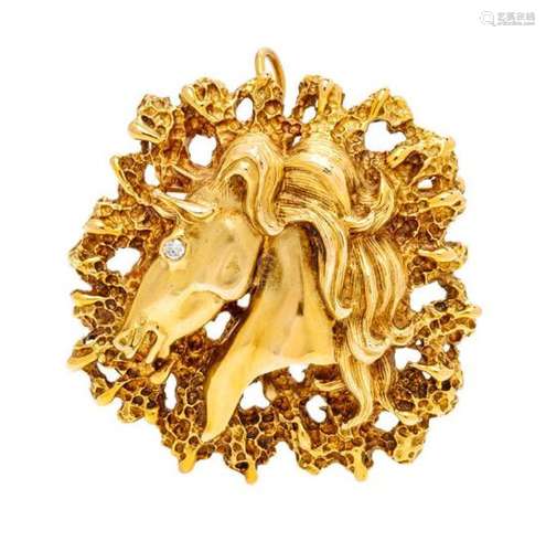 * A 14 Karat Yellow Gold and Diamond Horse Head