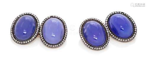 A Pair of Silver Topped Yellow Gold, Chalcedony and