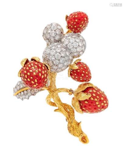 A Platinum, 18 Karat Yellow Gold, Coral and Diamond