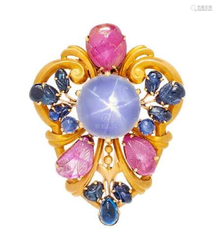 A 14 Karat Yellow Gold, Sapphire, Ruby and Stone