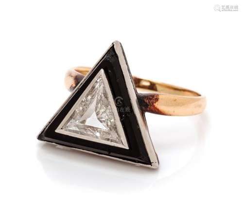 An Art Deco Platinum, Rose Gold, Diamond and Onyx Ring,