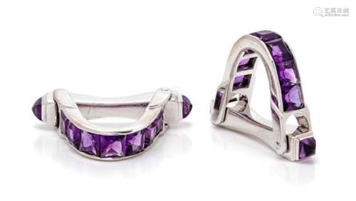 A Pair of White Gold and Amethyst Stirrup Cufflinks,