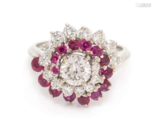 A 14 Karat White Gold, Diamond and Ruby Ring, 4.20