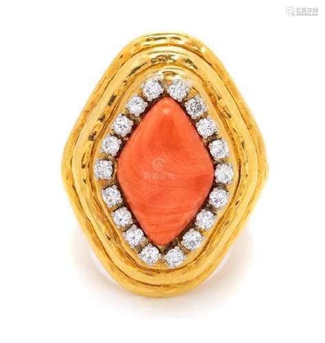 An 18 Karat Yellow Gold, Coral and Diamond Ring,