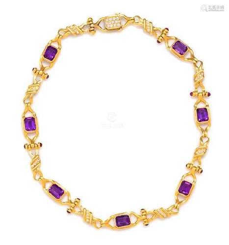 An 18 Karat Yellow Gold, Amethyst, Ruby and Diamond