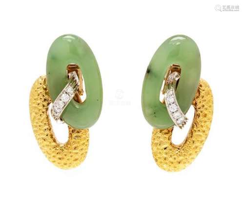 * A Pair of 18 Karat Bicolor Gold, Jade and Diamond