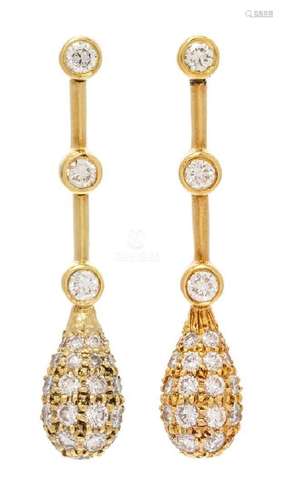 A Pair of 18 Karat Yellow Gold and Diamond Earrings,