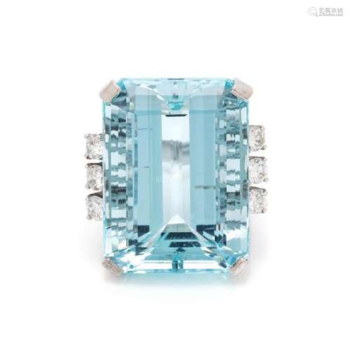 A 14 Karat White Gold, Aquamarine and Diamond Ring,