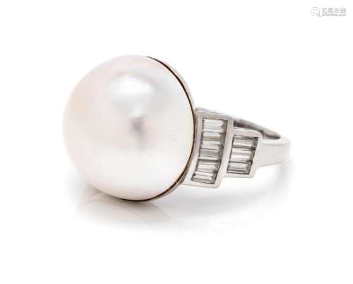 A Platinum, Cultured Mabe Pearl and Diamond Ring, 8.10