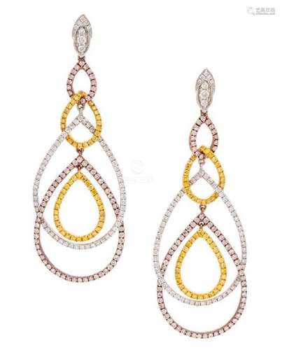 A Pair of 18 Karat Tricolor Gold, Colored Diamond and