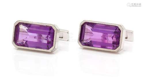 A Pair of Sterling Silver and Amethyst Cufflinks,